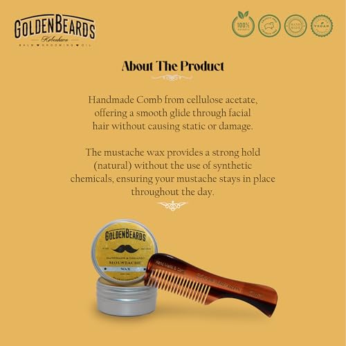 Golden Beards Mustache Wax with GB-71 Comb – Organic & Natural Styling Wax for Men – Strong Hold, Handmade, Vegan, Cruelty-Free Grooming Kit - style: Comb
