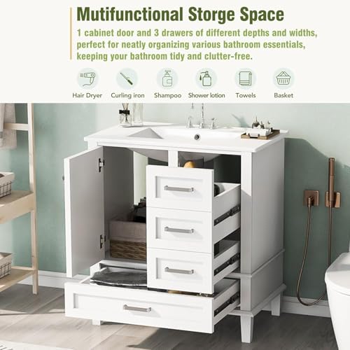 Linique 30" Bathroom Vanity with Sink Combo Set, Solid Wood Frame Bathroom Storage Cabinet with a Soft Closing Door and 3 Drawers, White - color: White, size: 30"/ Door without Organizer