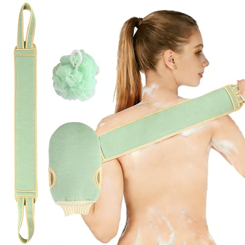 Exfoliating Glove and Back Scrubber for Shower - 3-Piece Exfoliating Mitt Set with Bath Sponge - Deep Skin Cleansing Body Scrubber for Dead Skin Removal, Self-Tan (Green) - color: Green