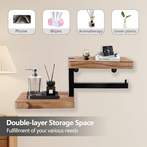 Wood Toilet Paper Holder with Shelf, Wall Mount Paper Roll Holder with Double Shelves, Farmhouse Wooden Bathroom Accessories, Home Apartment Washroom Restroom Decor Essentials (Walnut)