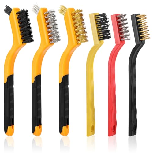 6 Pieces Wire Brushes Set, Small Metal Brass Brush, Stainless Steel Brush, Nylon Brushes for Cleaning Metal Rust and Paint Removal (Yellow+3 Mixed Color, L) - color: Yellow+3 Mixed Color