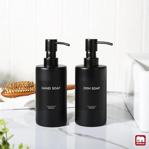 GMISUN Black Soap Dispenser, Hand Soap Dispenser Bathroom, Hand and Dish Dispenser Set for Kitchen, 12 fl oz/350ml Glass Liquid Soap and Lotion Dispensers with Stainless Steel Pump, 2 Pack Refillable - color: Black Bottle + Black Pump, size: 2 Pack - 12oz