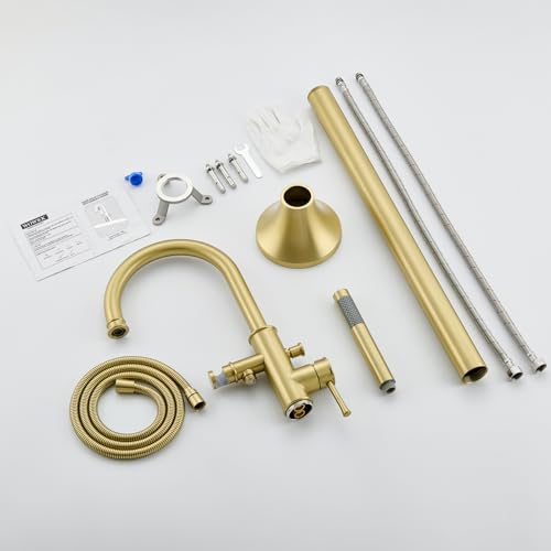 Wowkk Free Standing Tub Faucet Brushed Gold Freestanding Bathtub Faucet Floor Mount Brass Bathroom Tub Filler with Hand Shower - color: Brushed Gold, style: Modern