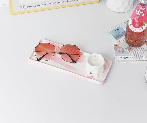 9.2" Porcelain Small Narrow Bathroom Tray - Pink | Mini Ceramic Countertop and Vanity Tray for Cosmetics, Perfume, Jewelry, Candle - Kitchen Counter, Soap Tray - color: Pink, size: 9.2" x 3.6" x 0.6"