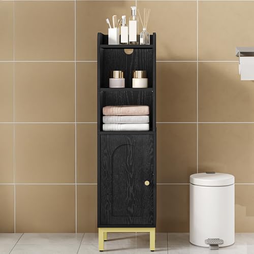 Hzuaneri Bathroom Storage Cabinet, Small Corner Floor Cabinet with Door and Shelves, Narrow Toilet Paper Holder, Bathroom Organizer with Adjustable Shelf, for Small Spaces, Black BC38204GV1 - color: Black, size: 7.9"D x 9.8"W x 35.4"H