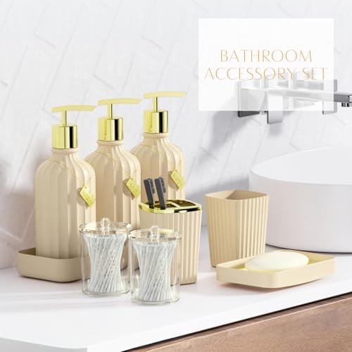 32PCS Bathroom Accessory Set Bathroom Accessories Set Beige Bathroom Set, Shower Curtain Set, 2 Piece Bath Towel Set, 3PC Soap Dispenser, Toilet Brush & Trash Can - size: Bath Set+Oil Paint Shower Curtain+Towel Set, style: Beige