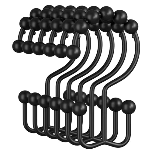 Amazer Shower Curtain Rings, Rust-Resistant Metal Double Shower Hooks for Curtain Rolling Shower Curtain Hooks Rings Shower Rings for Bathroom Shower Curtain Rod, Matte Black, Set of 12 Rings - color: Black, style: Modern - Double Hooks