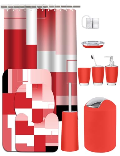 Lnond Red Bathroom Set, 22-Piece Red Geometry Bathroom Decor Set with with Shower Curtain and Rugs, Trash Can, Toilet Brush Holder Set & Soap Dispenser - style: Red White Geometric