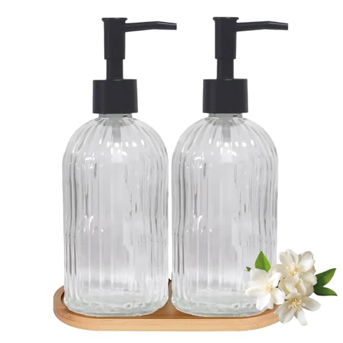 Glass Hand and Dish Soap Dispenser Set of 2 with Plastic Pumps, Bamboo Tray, 13.5oz Clear Bathroom Soap Dispenser with Vertical Stripe for Hand Wash & Dish Wash, Ideal for Bathroom Kitchen Countertop - color: Clear