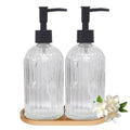 Glass Hand and Dish Soap Dispenser Set of 2 with Plastic Pumps, Bamboo Tray, 13.5oz Clear Bathroom Soap Dispenser with Vertical Stripe for Hand Wash & Dish Wash, Ideal for Bathroom Kitchen Countertop - color: Clear