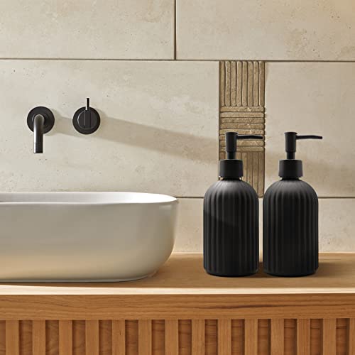 2 Pack Glass Soap Dispenser Bottle with Pump, 14 Oz Refillable Liquid Hand Jar Dispenser for Bathroom, Countertop, Kitchen, Laundry Room (Black) - color: Black