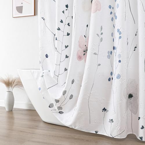 QiyI Watercolor Floral Shower Curtain, 3D Embossed Butterflies Pink Blue Bathroom Curtain, Minimalist Farmhouse White Bath Curtain, Waterproof Fabric Flower Shower Curtain Set with Hooks, 72x72 - color: Blue Branches, size: 72"W x 72"L (Pack of 1)