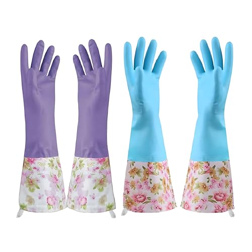 KINGFINGER Dishwashing Cleaning Gloves, 2 Pairs Reusable Rubber Gloves PVC Latex-Free Waterproof Long Cuff and Flock Lining Household Cleaning Gloves for Women - color: Blue+purple