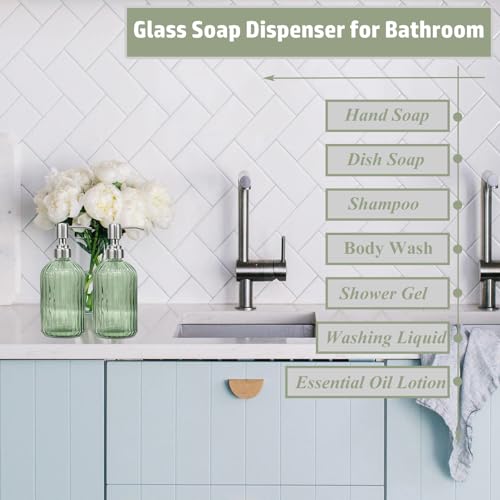 14Oz Green Soap Dispenser Bathroom - 2 Pack, Clear Glass Hand Soap Dispensers with Stainless Steel Pump, Refillable Dish Soap Dispenser for Kitchen, Countertop Soap Dispensers - color: 2 Pack - Green