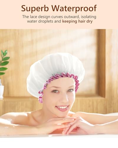 mikimini White Shower Cap Waterproof Reusable, Double Layers Bathing Hair Cap with Soft Comfortable PEVA Lining, Cute, Non-fading & Stretchy Shower Hat Medium (Pack of 1) White - color: White+Pink Lace, size: Medium (Pack of 1)