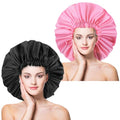 2 PCS Large Shower Cap for Braids - Waterproof Shower Cap for Women, Reusable XL Plastic Shower Caps Jumbo Bath Bonnet for Long Thick Curly Hair, Locs, Twist Braids (Black&Pink) - color: Black+Pink