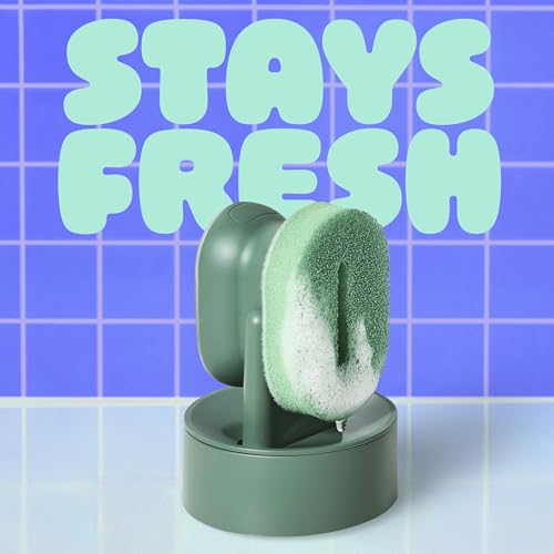 Brite by Scotch-Brite Palm Scrubber with Drain + Dry Stand, Household and Kitchen Sponge for Washing Dishes with Comfy Grip, 1 Scrub Sponge with Soap Dispenser - style: Palm scrubber