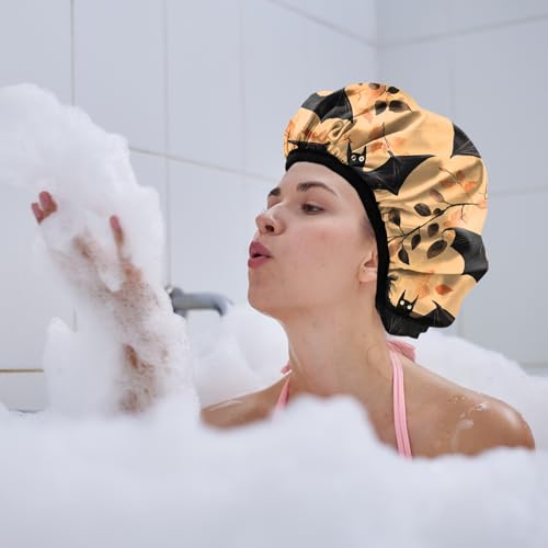 Luxury Shower Cap Terry Lined Reusable Triple Layer Waterproof Hair Elastic Caps Shower Bath Hat for Women Girls Cute Aesthetic-Orange Bat - color: AL13-Orange Bat