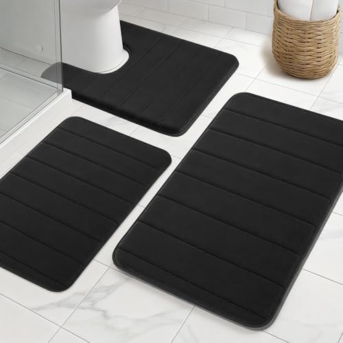 Bathroom Rugs Sets 3 Pieces Thicker Memory Foam Bath Mat with Non Slip Backing, Machine Wash, Dries Quickly, Ultra Soft Black Bath Carpet with Toilet Rug for Bathroom,Kitchen,Tub - color: Black, size: 31" X 19" + 23" X 15" + U19" X 15"