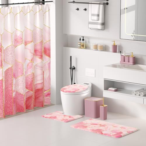 XLHOMO Bathroom Set - 26PC Bathroom Set with Shower Curtain and Rugs, Bathroom Accessory Set, Pink Bathroom Accessories Set, Trash Can & Soap Dispenser - style: Pink&Gold