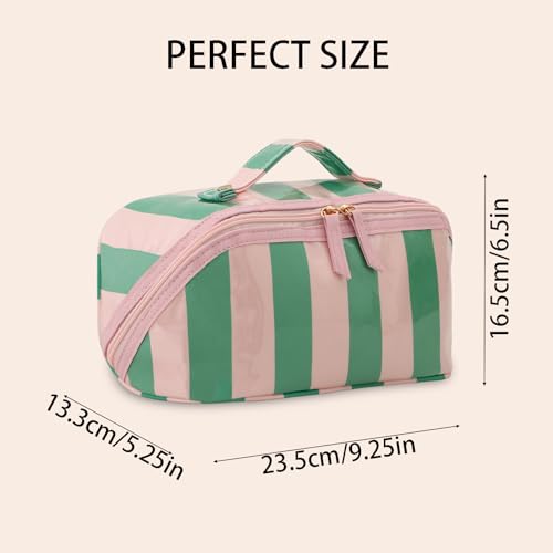 DYSHAYEN Stripe Travel Makeup Bag with Compartments Clear Coated Cosmetic Bag for Women, Waterproof Portable Open Flat Toiletry bag （Pink-Green） - color: Pink-Green