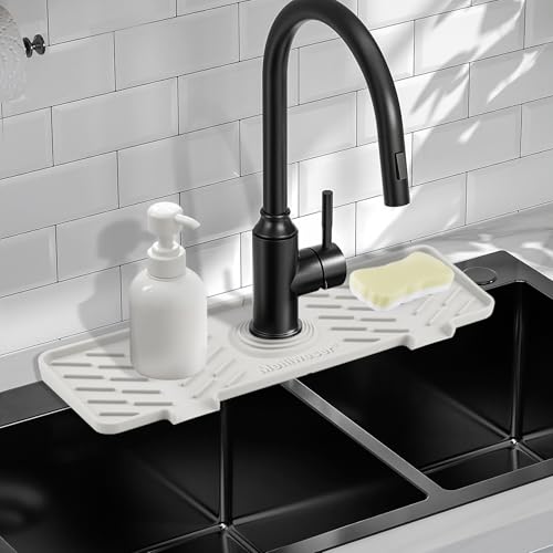 Silicone Faucet Mat for Kitchen Sink – Gen 3 10° Slope Splash Guard with Cuttable Hole – 14” x 5.5” Drip Catcher & Sponge Holder for Kitchen, Bathroom (White) - color: White, size: 14 in