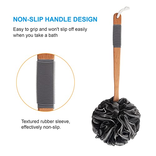 AmazerBath Shower Sponge Loofah Back Scrubber, PE Soft Mesh Loofah Body Scrubber with Long Wooden Handle, Bath Sponge for Men Women (Black) - style: Black