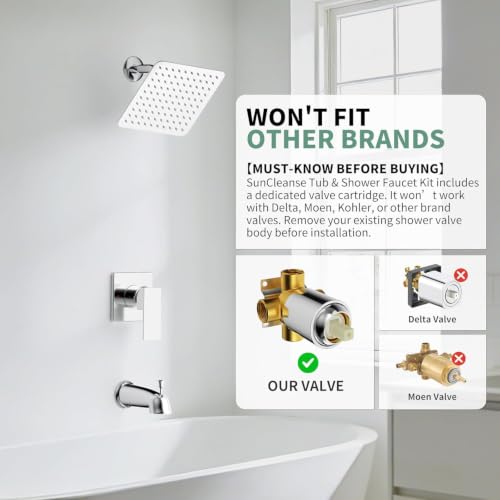 SunCleanse Tub Shower Faucet Set with Pressure Balance Valve, 8-Inch Rain Shower Head and Tub Spout, Single-Handle Shower Trim Kit, Shower Head and Handle Set for bathroom, Chrome - color: Chrome