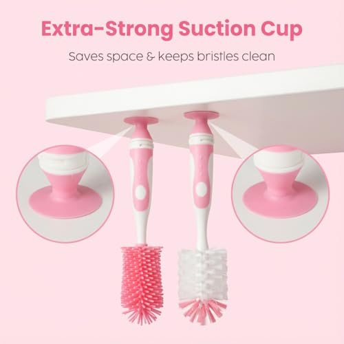 Ariseno 5-in-1 Baby Bottle Brush Set, Including Nylon and Silicone Bottle Brush, Cap, Straw, Nipple Brushes, BPA-Free (Pink) - color: Pink-nylon Silicone