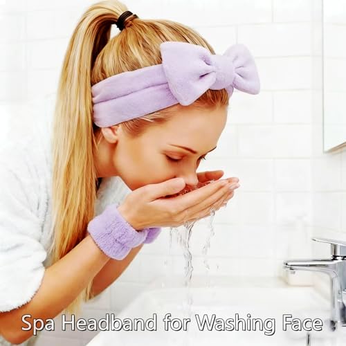 7 Pcs Spa Set, Facial Headband and Wristband Set, Skincare Accessories, College Style Girl Idea Gifts, Hair Accessories for Women and Girls (Purple) - color: Purple