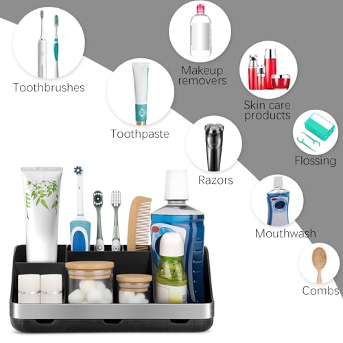 GFWARE Black Toothbrush Holder - 7 Slots Bathroom Organizer Countertop with Drainage Matte Black Electric Toothbrush and Toothpaste Holder for Bathroom Accessories Sink Storage - color: Black