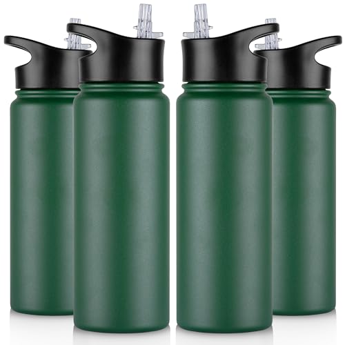 24 oz Insulated Water Bottle Bulk 4 Pack, Stainless Steel Sports Water Bottles with Straw Lid & Wide Mouth Lids, Double Walled Vacuum, Leak Proof, Dark Green - color: Dark Green, size: 24 Ounces-4