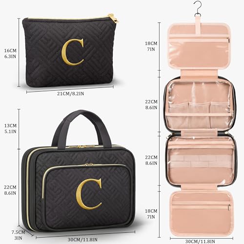 Personalized Gifts for Women, Initial Toiletry Bag Hanging Travel Organizer & Makeup Cosmetic Bag with Embroidery Letter Teacher Appreciation Gift Birthday Mothers Day Gifts for Mom Wife Friend Sister - style: C