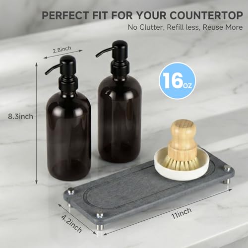 2 Pack Kitchen Soap Dispenser Set - 16oz Black Glass Dish and Hand Soap Dispenser with Stainless Steel Pump, Instant Dry Tray, Dish Brush & Holder, Refillable Countertop Sink Decor for Kitchen & Bath - color: Black