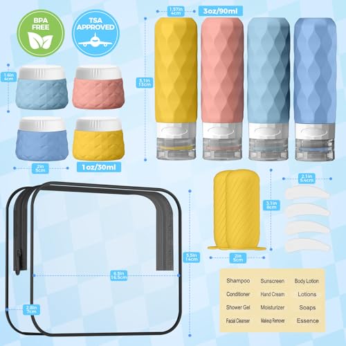 16Pack Travel Bottles for Toiletries, TSA Approved Travel Size Toiletries Containers Set, Silicone Leak Proof Refillable Bottles Elastic Sleeves Creams Jars Accessories Kit W/Clear Bag (Bright) - color: Bright