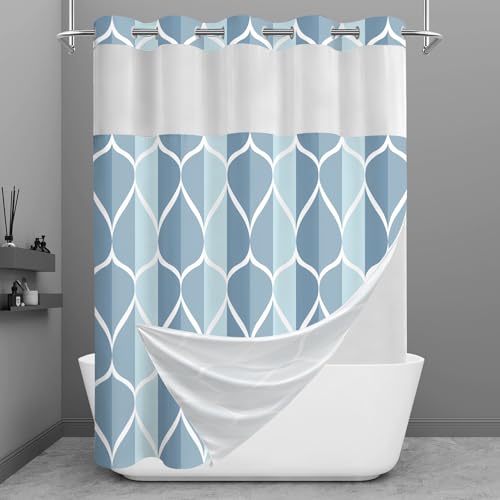 Yiatn Light Blue Hook Free Shower Curtain with Snap in Liner - Hotel Style with See Through Mesh Top Window, Modern Geometric Waterdrop Design,Waterproof and Washable,- 71x74 INCH - color: Light Blue, size: 71"W x 74"L (Pack of 1)