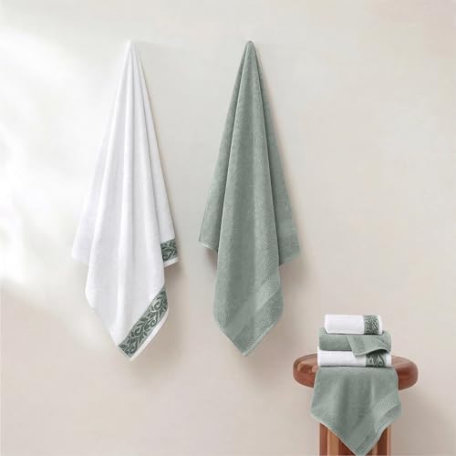 Modern Threads 600 GSM 6-Piece Towel Set with Filgree Jacquard Border Sage - color: Green, style: Jacquard Border