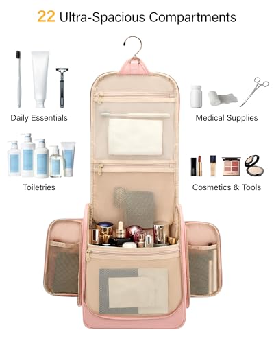 Hanke Hanging Travel Toiletry Bag for Men and Women, Water-Resistant Toiletries Bag Makeup Organizer with Hook, Cosmetic Bag for Bathroom & Travel Essentials Accessories, Pink - color: Pink