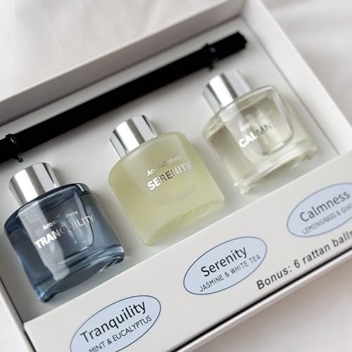 Reed Diffuser Set of 3 | Aromatherapy Fragrance Oil | 12 Sticks and 6 Rattan Balls, 3 x 50ML | Home, Office, Bathroom, Bedroom Essentials (Eucalyptus, Jasmine, Lemongrass, Sky Blue)
