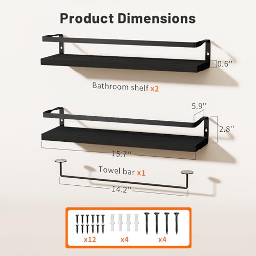 Bathroom Shelves with Towel Bar, Wood &Metal Frame, 2 Pack(Black) | Floating Shelves for Bathroom, Kitchen, Living Room, Bedroom - color: Black