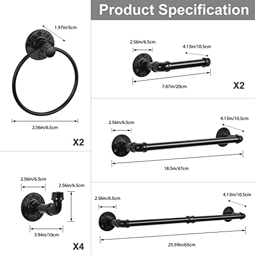 Industrial Bathroom Hardware Set 10 Pieces Bath Towel Bar Set Includes Round Towel Ring Hand Toilet Roll Holders for Wall 18 and 25 inch Towel Rack Robe Towel Hooks Black Bathroom Accessory Towel Kit - size: 10 Pieces