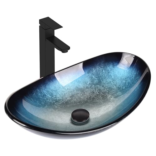 48 inch Barn Door Bathroom Vanity with 6 Drawers, Farmhouse Style Standing Pedestal Cabinet with Two Blue Boat Glass Vessel Sinks - color: Blue Boat Glass Sink, size: 48"