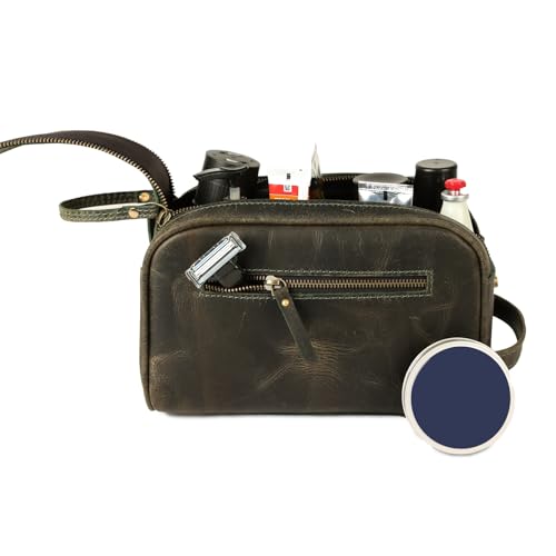 KomalC Leather Toiletry Bag for Men & Women – Handcrafted Travel Grooming Kit with Water-Resistant Lining and Secure Zipper Closure - style: 1 Zip Classic Dark Green