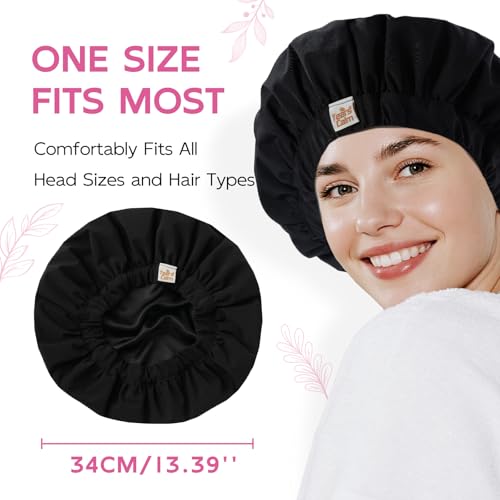Years Calm Luxury Shower Cap for Women, Color Changing Shower Cap Reusable Waterproof, Flexi Satin Lined, Stylish Hair Cap for Shower, Washable Elastic Band Bath Cap for Long Hair, Braids (Black) - color: Black