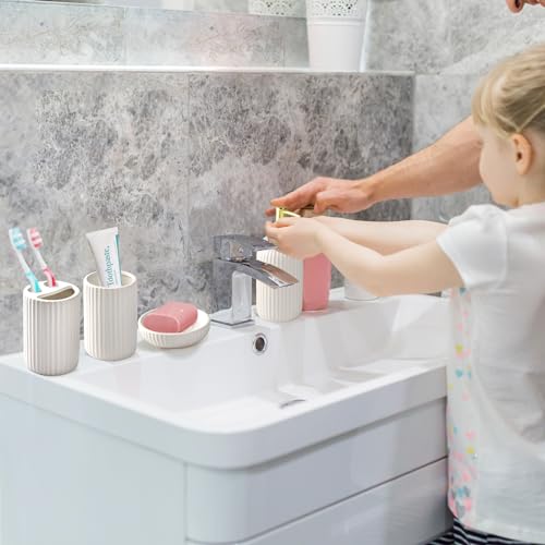White Bathroom Accessories Set, 4PC Ceramic Bathroom Sets Complete-Toothbrush Holders, Soap Dispenser, Soap Dish, Toothbrush Cup, Modern White Gold Bathroom Decor, Bathroom Organizer for Countertop - size: GWhite-4pcs