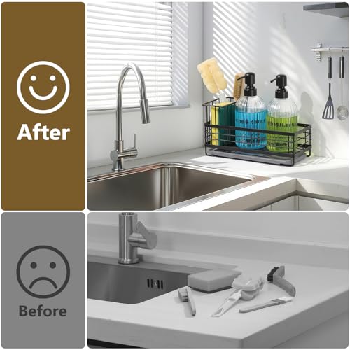 Shinowa Kitchen Dish Soap Dispenser Set, 14OZ Glass Bottle with Rustproof 304 Stainless Steel Sponge Holder and Instant Dry Tray, Hand and Dish Soap Dispenser Set for Kitchen Sink Organizer Decor - color: Black + Dark Grey + Transparent