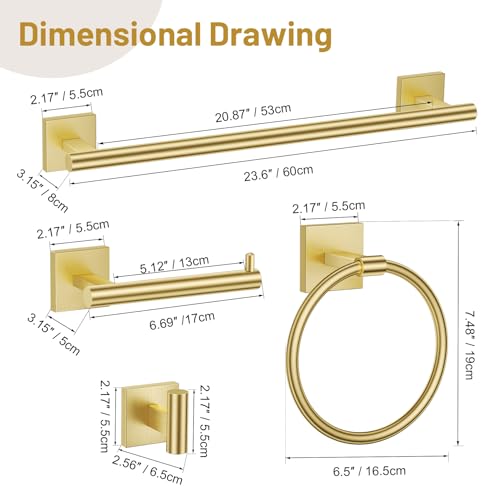 5 Pieces Bathroom Hardware Set Brushed Gold Towel Bar Set Includes 23.6” Towel Bar, Towel Ring Holder, Toilet Paper Holder and Two Towel Hooks, Bathroom Accessories Set SUS304 Wall Mounted - color: Brushed Gold, size: 5 Pieces - Standard