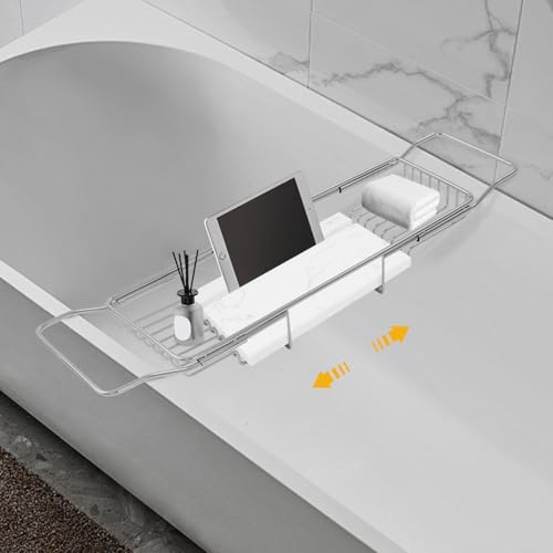 Expandable Bathtub Tray, Stainless Steel Bath Table Tray with Marble Board, Modern Luxury Bathtub Shelf for Bathrooms, Kitchen Sink (Silver+White) - color: Silver+white