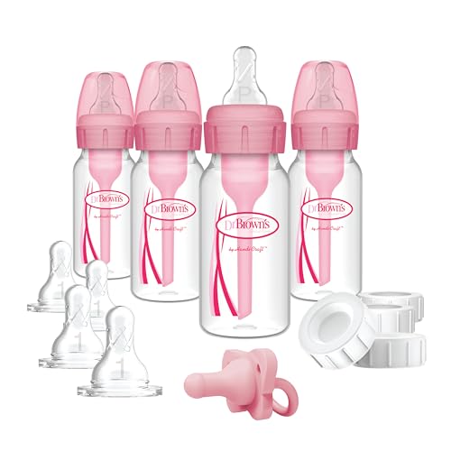 Dr. Brown's Anti-Colic Baby Feeding Set with Slow Flow Nipples, Travel Caps, Silicone Pacifier - Pink - color: Pink