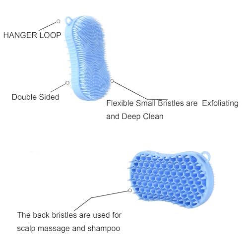 Silicone Body Scrubber, Double Sided Exfoliating Brush with Soft Flexible Bristles, Scalp Massage and Shampoo Tool with Hanger Loop, (Blue) - color: Blue
